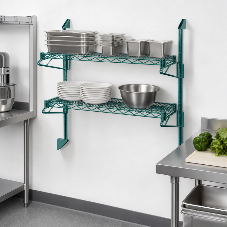 Product image #3 for Quantum Wall-Mount Double Shelf Cantilever Wire Shelving Unit, 54 x 24 Inches, Green Epoxy