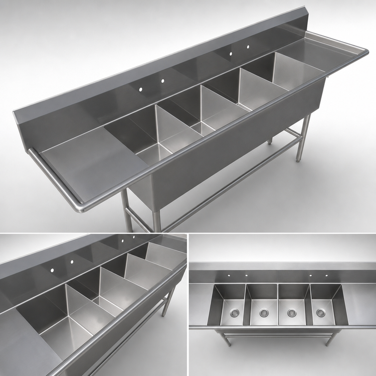 Product image #3 for John Boos Pro-Bowl 4-Compartment Stainless Steel Sink with Dual 30-Inch Drainboards