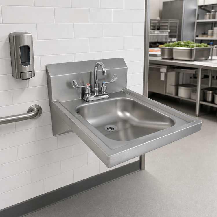Product image #3 for BK Resources ADA Wall-Mounted Hand Sink with Deck-Mount Faucet, 14" x 16" x 5" Bowl, 18/304 Stainless Steel