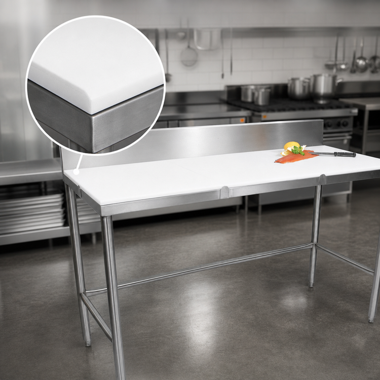 Product image #3 for John Boos TC108 96 Inch x 36 Inch Poly Top Trimming Table with 3/4 Inch Reversible Top and 6 Inch Backsplash