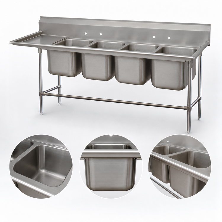 Product image #3 for Advance Tabco Regaline 4-Compartment Sink with Left-Hand 24-Inch Drainboard, 16 x 20 Bowls, 14 Gauge 304 Stainless Steel