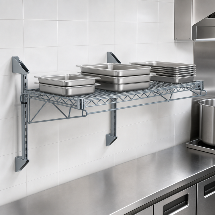Product image #3 for Quantum Wall-Mount Cantilever Wire Shelf Kit, 54 x 21 Inch, Gray Epoxy Antimicrobial Finish