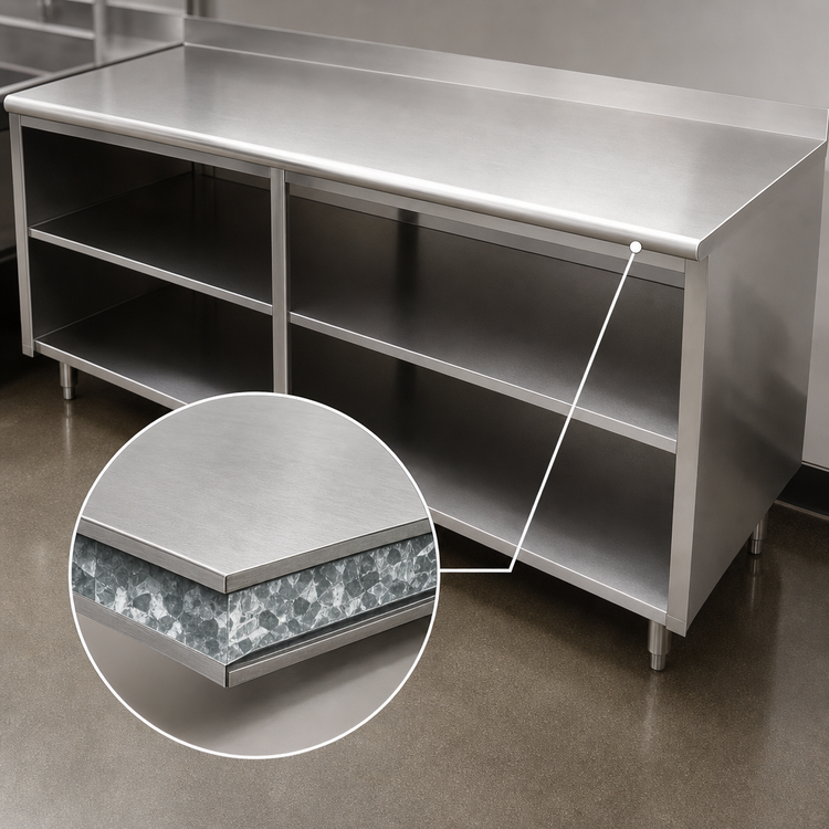 Product image #3 for Advance Tabco Special Value 120-Inch x 30-Inch Open Front Base Work Table with 5-Inch Backsplash and Mid Shelf