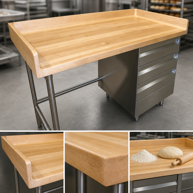 Product image #3 for Advance Tabco 48" x 30" Bakers' Table with Wood Top, 3-Tier Right-Side Drawers, and 4" Rear/Side Splash