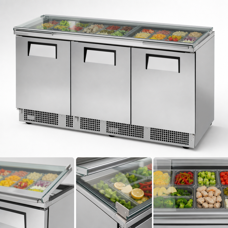 Product image #3 for True 72-Inch Three-Section Sandwich/Salad Prep Table with Flat Glass Lid