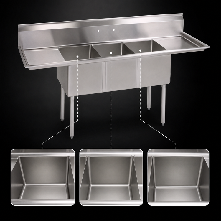 Product image #3 for John Boos E-Series 3-Compartment Stainless Steel Sink with Dual Drainboards, 84-Inch Wide
