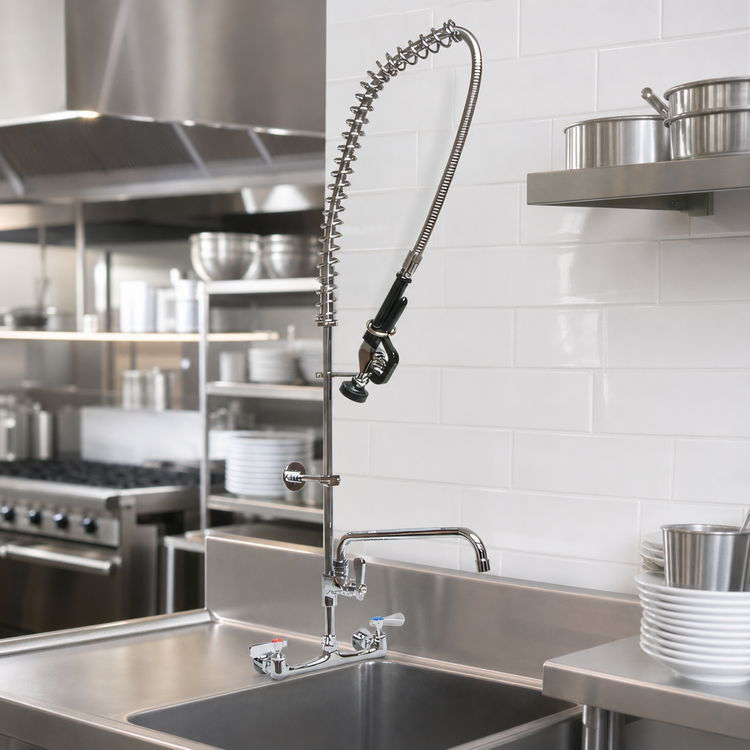 Product image #3 for BK Resources WorkForce Lead-Free 8-Inch Splash Mount Pre-Rinse Assembly with 14-Inch Swing Spout Add-On Faucet