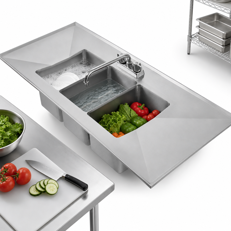 Product image #3 for Heavy Duty Three-Compartment Drop-In Stainless Steel Sink with Left & Right Drainboards