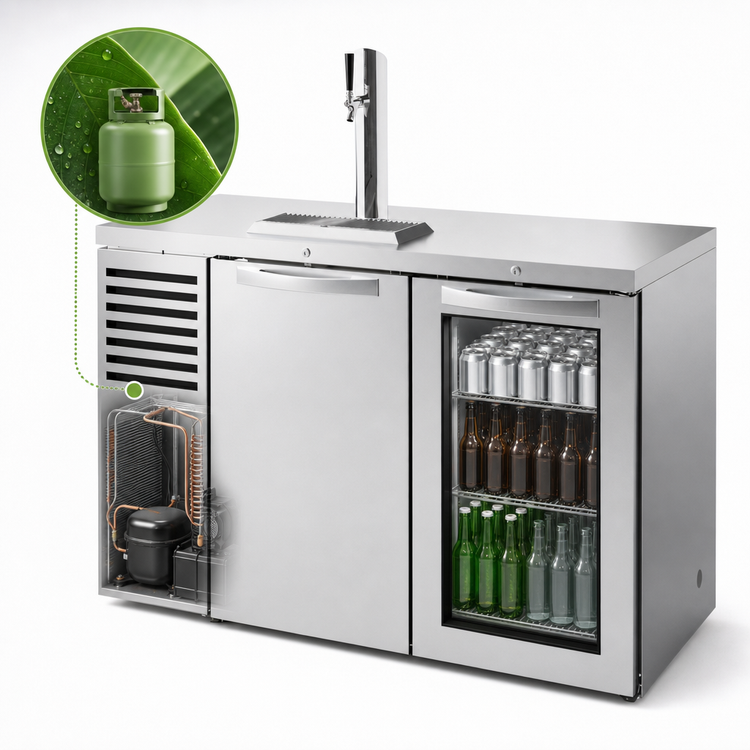 Product image #3 for True 52-Inch Two-Section Refrigerated Draft Bar Cooler with Stainless Steel Top, One Solid Door, One Glass Door, and Beer Tower