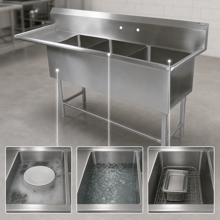 Product image #3 for John Boos Pro-Bowl 3-Compartment Stainless Steel Sink with 30-Inch Left Drainboard, 16 Gauge