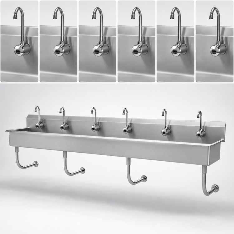 Product image #3 for Advance Tabco 6-Station Wall-Mounted Multiwash Hand Sink with 6 Electronic Faucets, 120 Inch Wide, 304 Stainless Steel