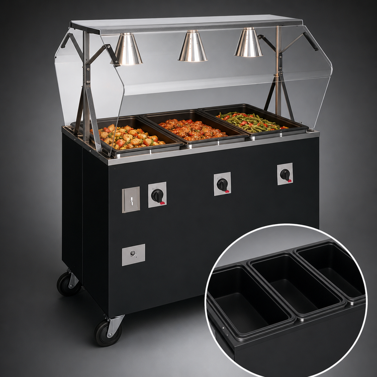 Product image #3 for Vollrath 2-Series Affordable Portable Deluxe 3-Well Mobile Electric Hot Food Station with Breath Guard