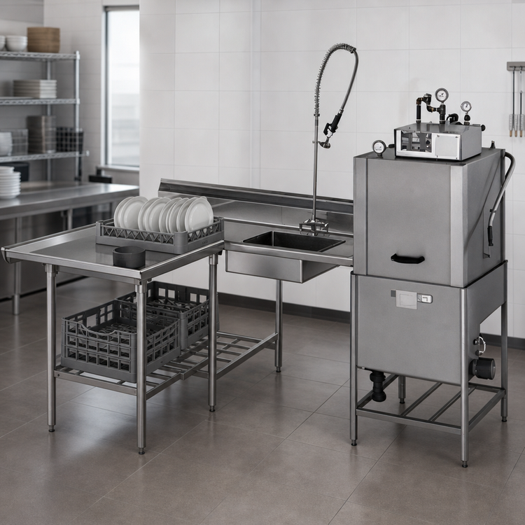 Product image #3 for Eagle Group Island Soiled Dishtable with Dish Landing Shelf and Pre-Rinse Sink, Left-to-Right