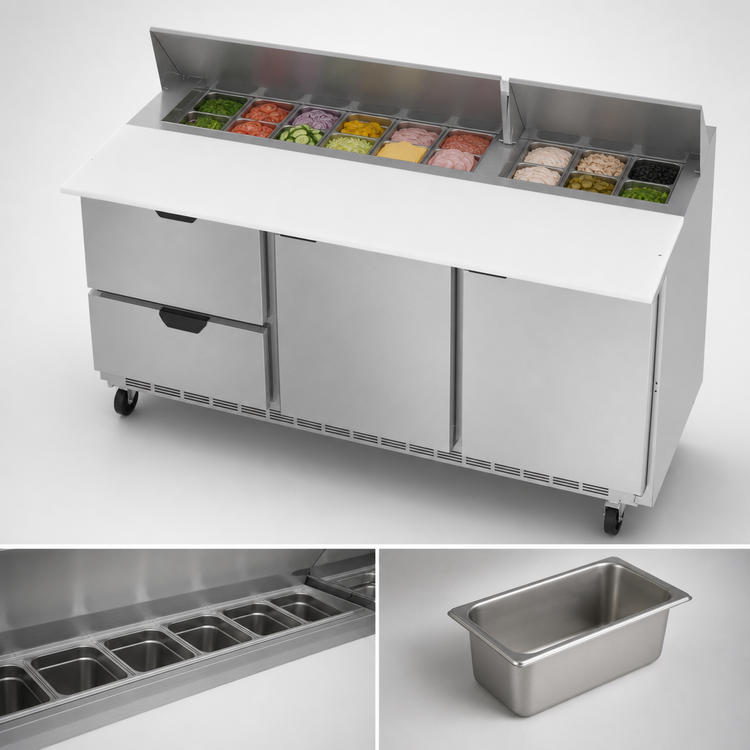 Product image #4 for Beverage-Air 72-Inch Three-Section Sandwich Prep Table with 18-Pan Top, Doors, Drawers, and 17-Inch Cutting Board
