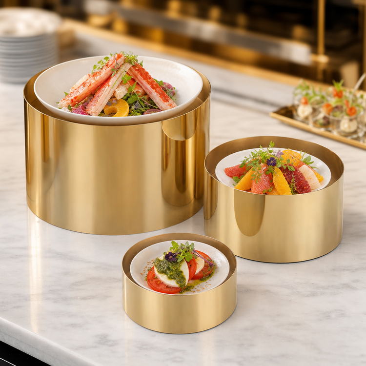Product image #3 for American Metalcraft Geo 3-Piece Round Gold Stainless Steel Buffet Riser Set