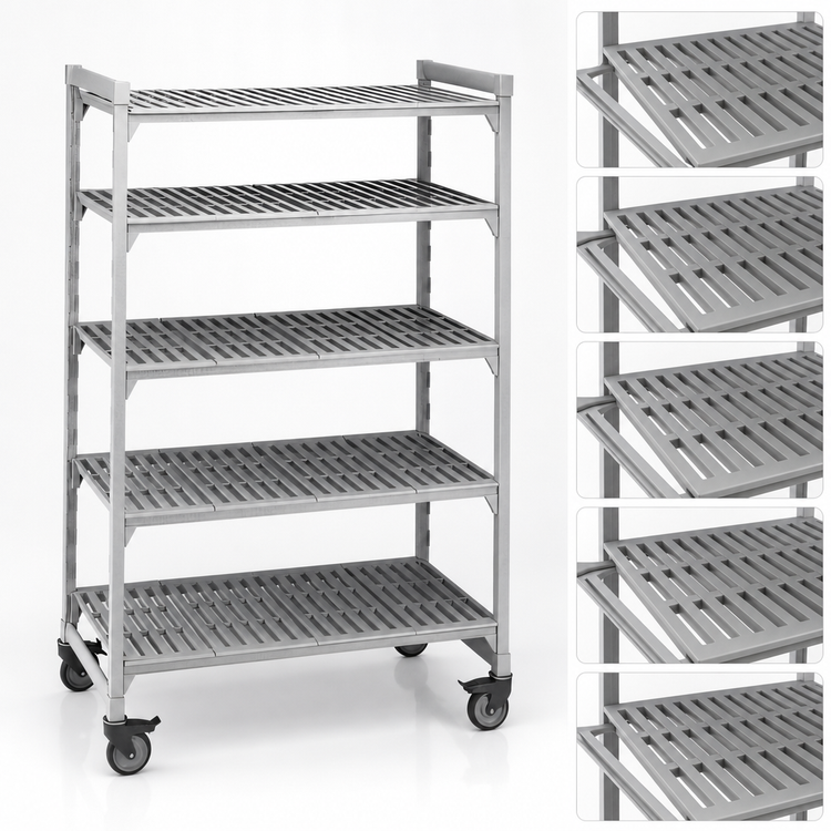 Product image #4 for Cambro Camshelving Premium 21" x 36" x 67-1/4" 5-Tier Vented Mobile Starter Polymer Shelving Unit, Speckled Gray
