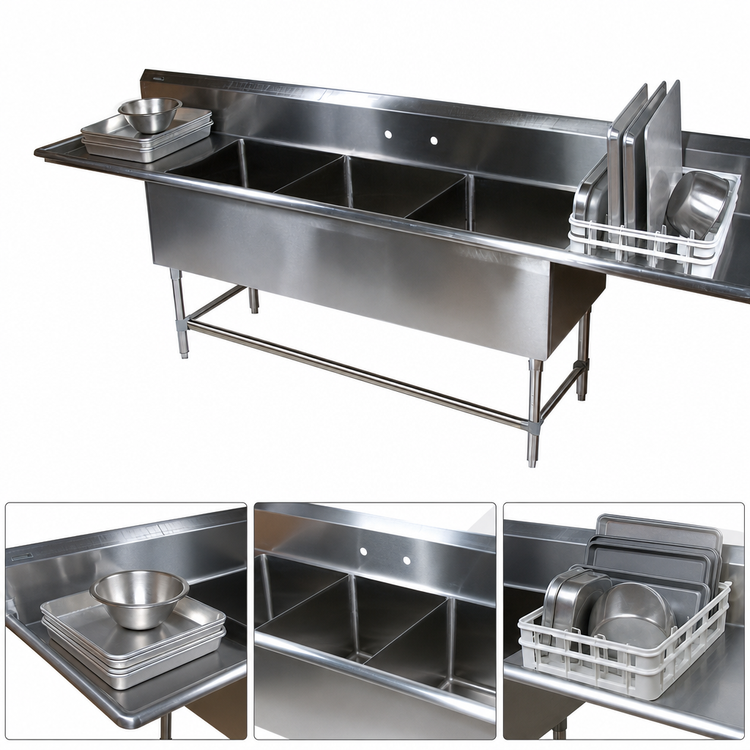 Product image #3 for John Boos Pro-Bowl 3-Compartment Sink with Left and Right 18-Inch Drainboards, 20 x 20 x 14-Inch Deep Bowls, 16 Gauge Stainless Steel