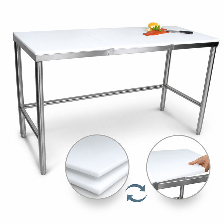 Product image #3 for John Boos 120-Inch x 30-Inch Reversible Poly Top Trimming Table with Stainless Steel Legs