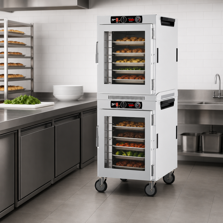 Product image #4 for Metro HotBlox Wide 16-Pan Stacked Dual-Cavity Mobile Heated Holding Cabinet, Analog Control, Clear Door
