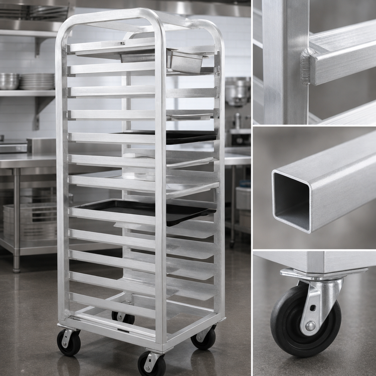 Product image #3 for Eagle Group Lifetime Series 18-Slide Stepped-Angle Aluminum Pan Rack with Casters, 25 x 26 x 73 Inches