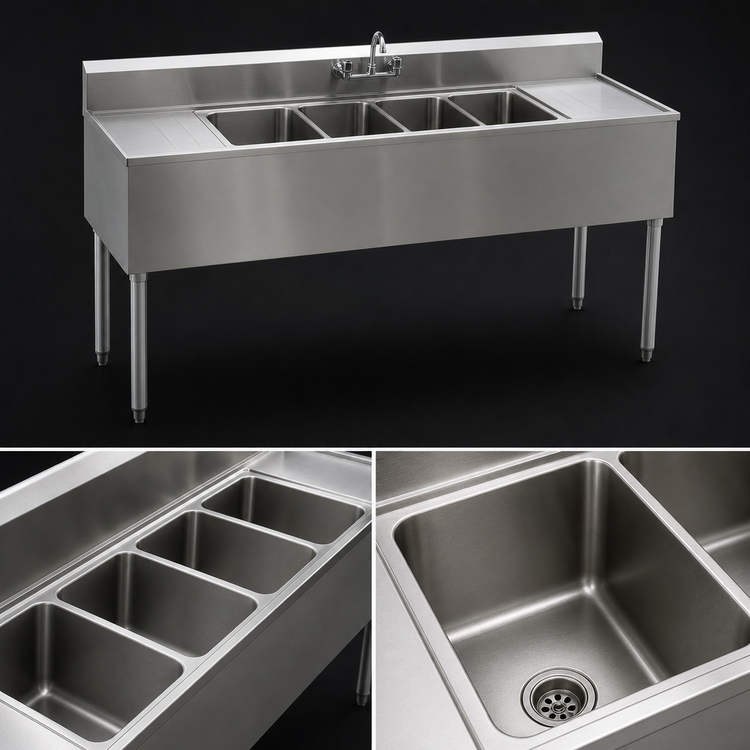 Product image #3 for Eagle Group 1800 Series 4-Compartment Underbar Sink Unit with Dual Drainboards, 72W x 20D, 304 Stainless Steel