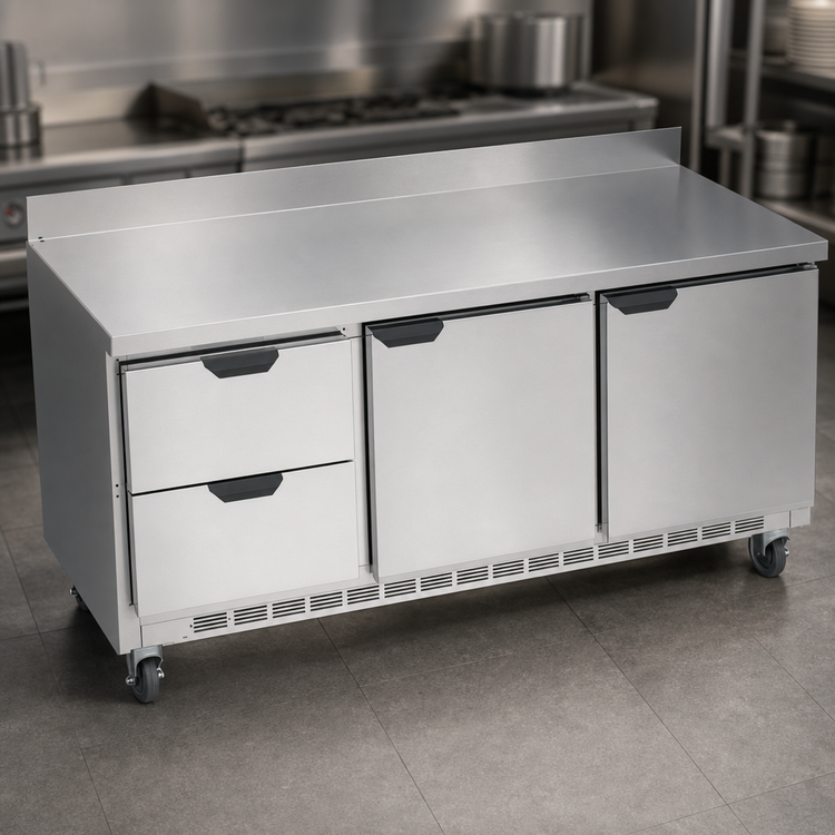 Product image #3 for Beverage-Air 72-Inch Three-Section Worktop Refrigerator with 2 Drawers, 2 Doors, and Stainless Steel Top