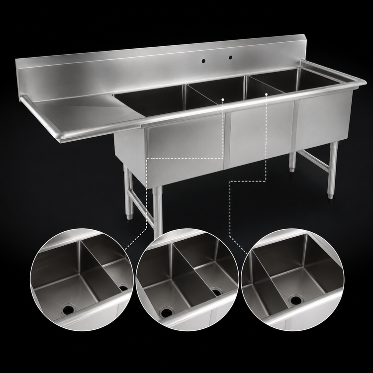 Product image #3 for John Boos B-Series Commercial 3-Compartment Sink with Left Drainboard, 76-3/16 Inch Wide, 16-Gauge Stainless Steel