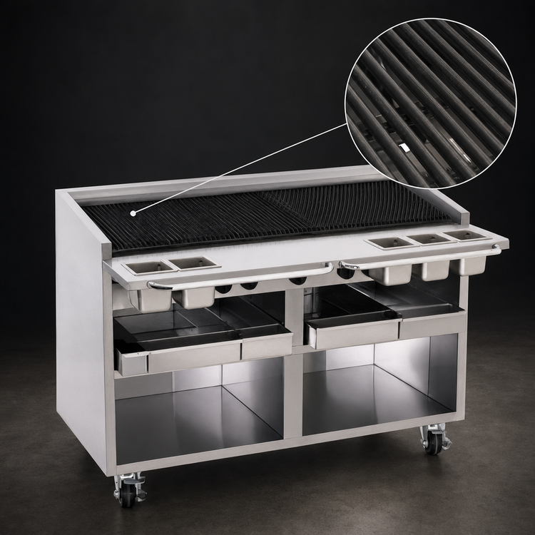 Product image #3 for Bakers Pride Dante Series 60-Inch Gas Radiant Charbroiler, Floor Model, Open Cabinet Base