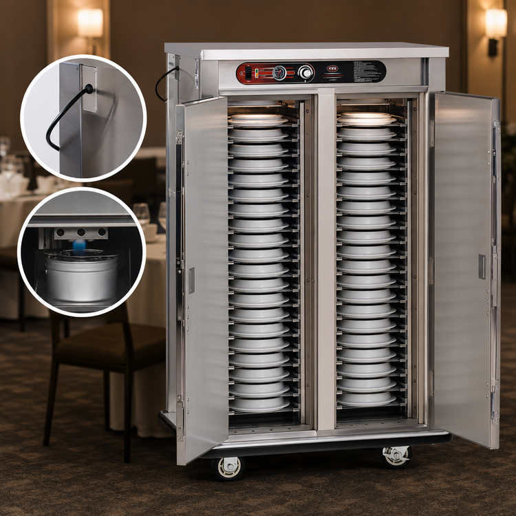 Product image #4 for FWE E-Series Dual-Heat Electric Banquet Holding Cabinet Cart, Double Doors, 72 Covered Plates