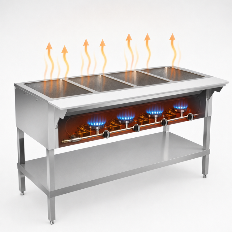 Product image #3 for Klinger's Trading 63-Inch 4-Well Dry Heat Gas Steam Table with Open Shelf Base
