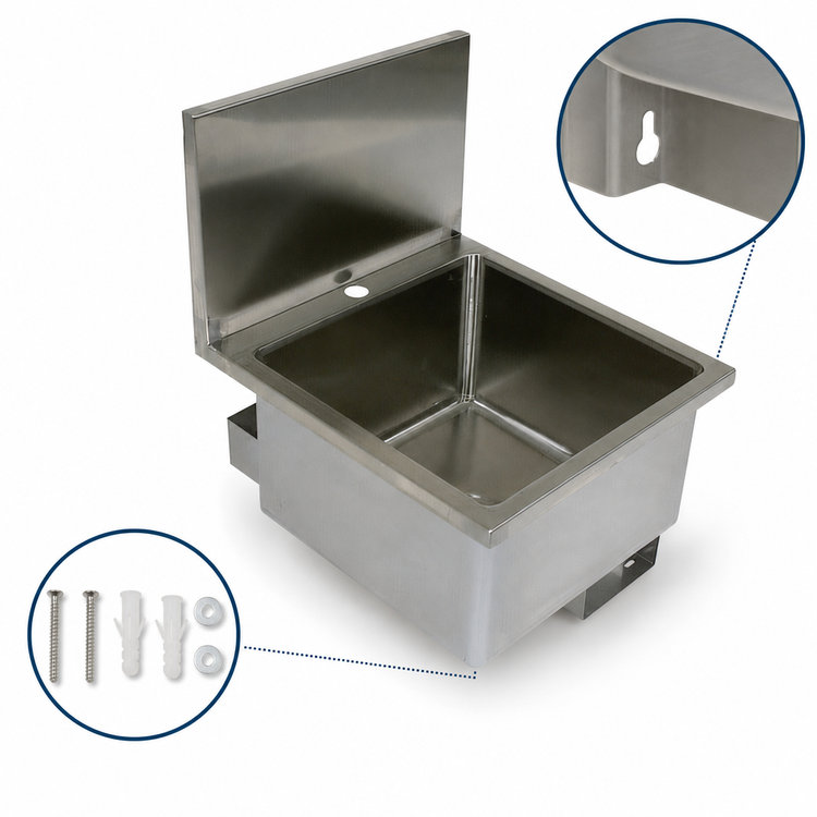 Product image #3 for BK Resources 16" x 16" Wall-Mount Stainless Steel Hand Sink with Deck-Mount Faucet Hole and 11" Backsplash