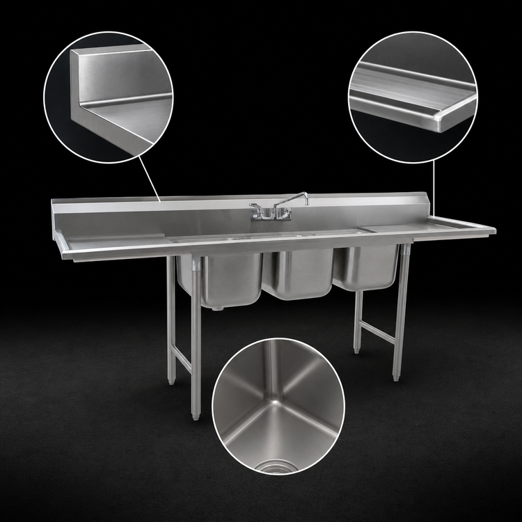 Product image #3 for Eagle Group 90-Inch Coved Corner Three-Compartment Stainless Steel Sink with Dual 18-Inch Drainboards