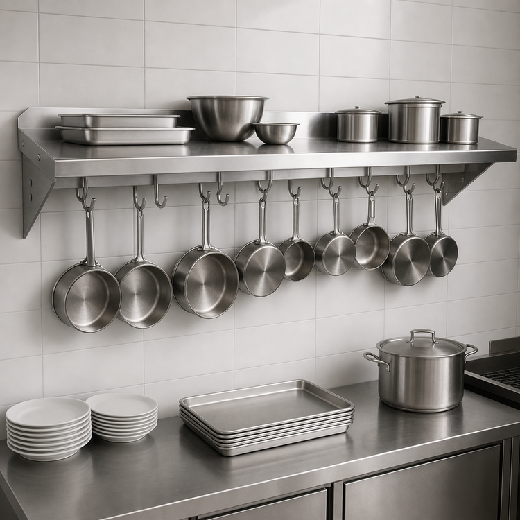 Product image #3 for Stallion Wall-Mount 304 Stainless Steel Pot Rack Shelf with 10 Hooks, 120 x 18 Inches