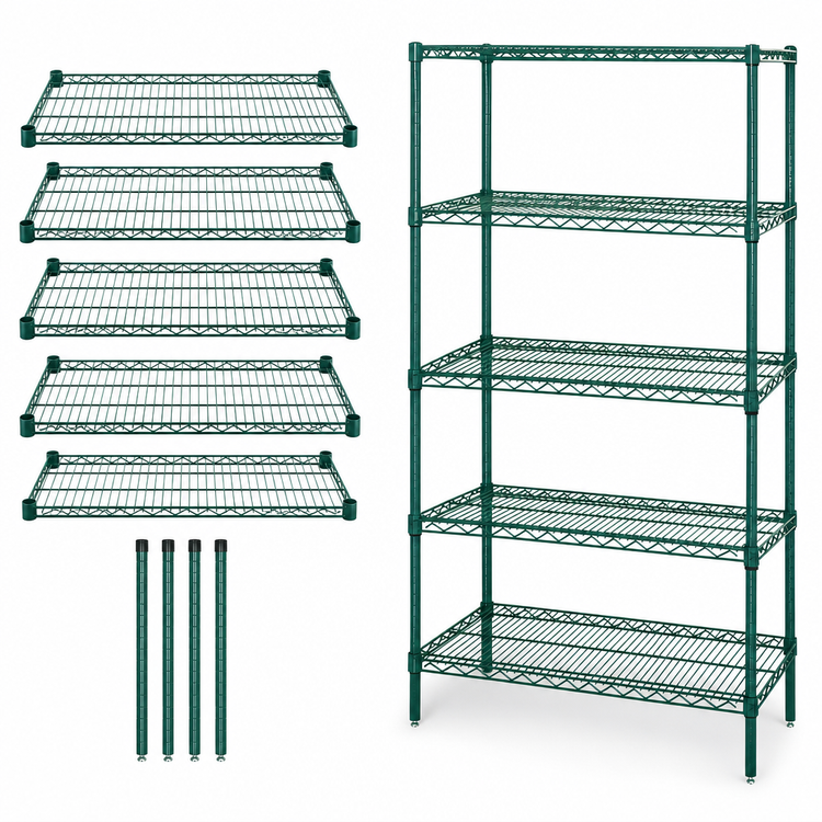 Product image #3 for Quantum 5-Shelf Wire Shelving Starter Kit, 42 x 12 x 54 Inches, Stationary, Green Epoxy Finish