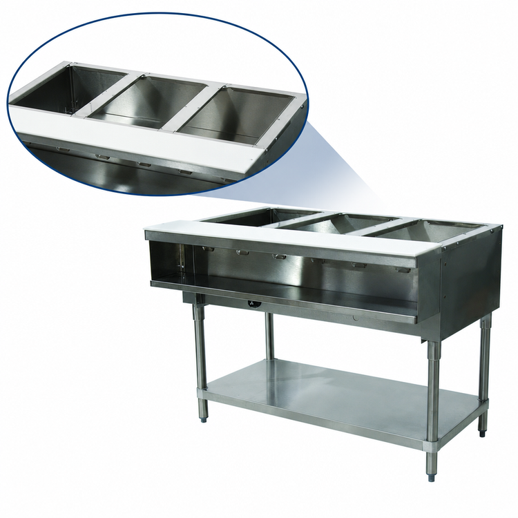 Product image #3 for Advance Tabco Triumph Supreme 3-Well Open-Well LP Gas Water Bath Hot Food Table with Cutting Board and Undershelf