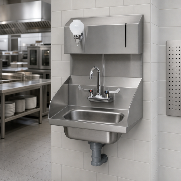 Product image #3 for Wall-Mount Hand Sink with 14 x 10 x 5-Inch Bowl, Side Splashes, Wrist-Handle Faucet, Towel & Soap Dispensers, 304 Stainless Steel