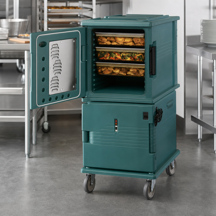 Product image #4 for Cambro Ultra Camcart Heated Front-Loading GN 1/1 Food Pan Carrier, 2-Compartment, 110V, Granite Green
