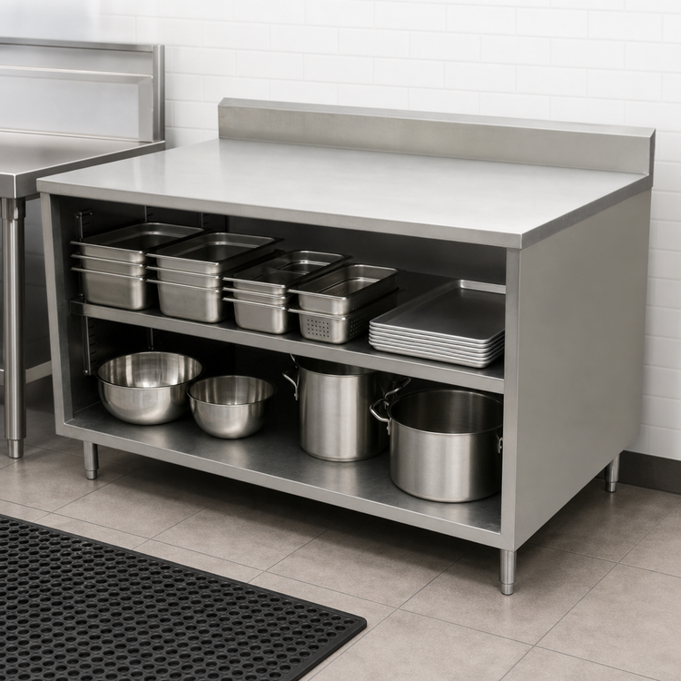 Product image #3 for BK Resources 60 x 30 Inch 304 Stainless Steel Chef Table Cabinet Base with Open Front and 5-Inch Riser