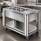 Thumbnail image #3 for Dinex DineXpress DXP5HCM 5-Pan Hot/Cold Serving Counter with 4 Hot Wells, Mechanically Cooled Well, Mobile, 74-Inch