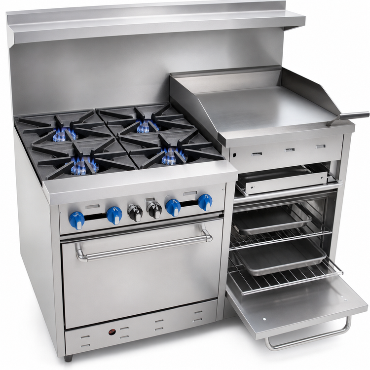 Product image #3 for Comstock-Castle 48-Inch Commercial Gas Range with 4 Open Star Burners, 24-Inch Raised Griddle, and 2 Space-Saver Ovens