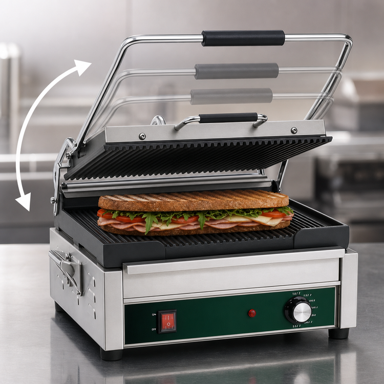 Product image #3 for Waring Panini Supremo™ Large Single Commercial Panini Press with Ribbed Cast Iron Plates, 14.5 x 11 Inch Cooking Surface, 208V Electric