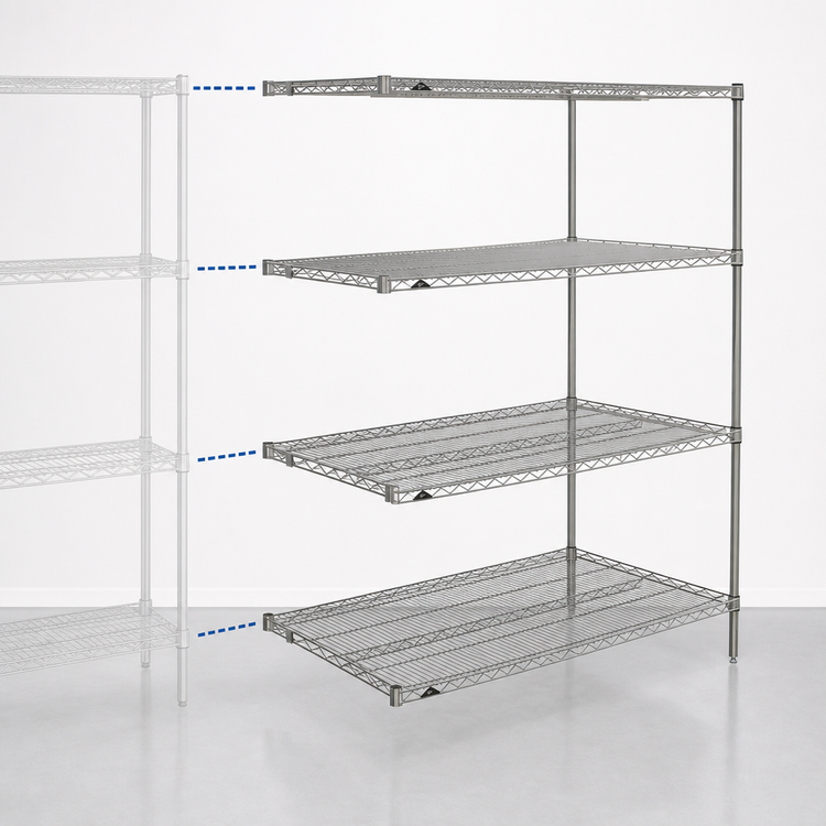 Product image #3 for Metro Super Erecta Add-On Wire Shelving Unit, 60"W x 21"D x 63"H, 4 Shelves, Brite Finish
