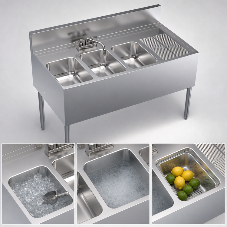 Product image #3 for Krowne Royal Series Three-Compartment Underbar Sink Unit, 48 x 24 Inches, Left Bowl, Right Drainboard