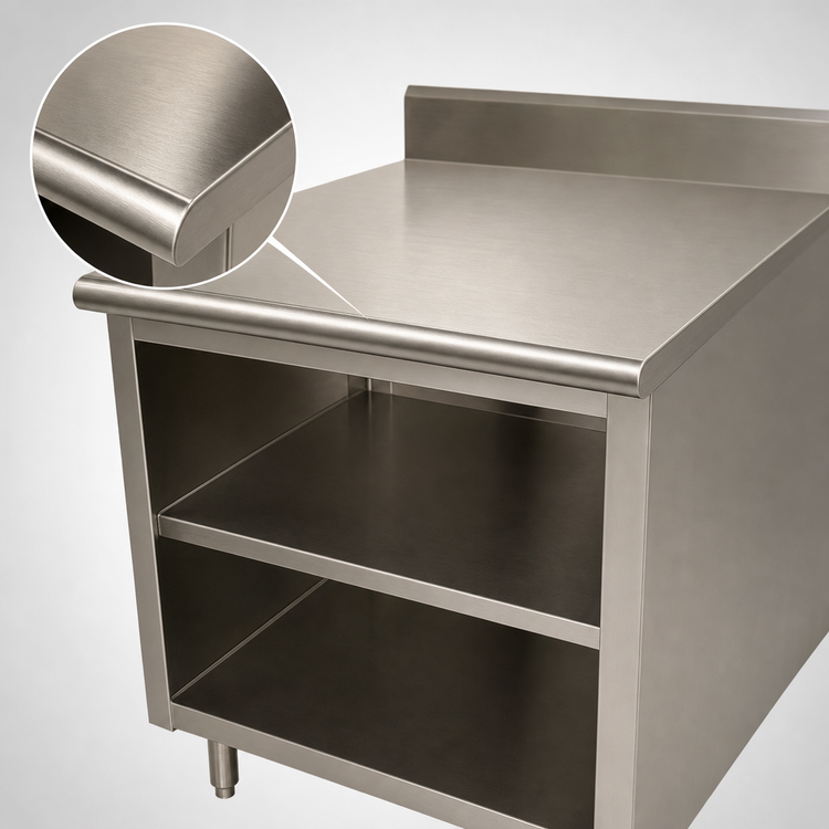 Product image #3 for Advance Tabco 36 Inch x 36 Inch Stainless Steel Work Table with Open Front Cabinet Base, Mid-Shelf, and 5 Inch Backsplash
