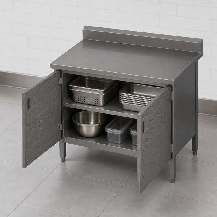 Product image #3 for John Boos Enclosed Base Work Table with Hinged Doors, 36 x 24 Inch, 16 Gauge Stainless Steel Top, 5 Inch Backsplash
