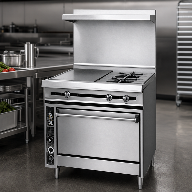 Product image #3 for Titan JTRH-18G-2 36" Heavy Duty Gas Range with 18" Griddle, 2 Open Burners, and Cabinet Base