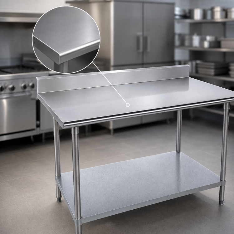 Product image #3 for Advance Tabco 144-Inch x 30-Inch 16-Gauge 430 Stainless Steel Work Table with 5-Inch Backsplash and Galvanized Undershelf