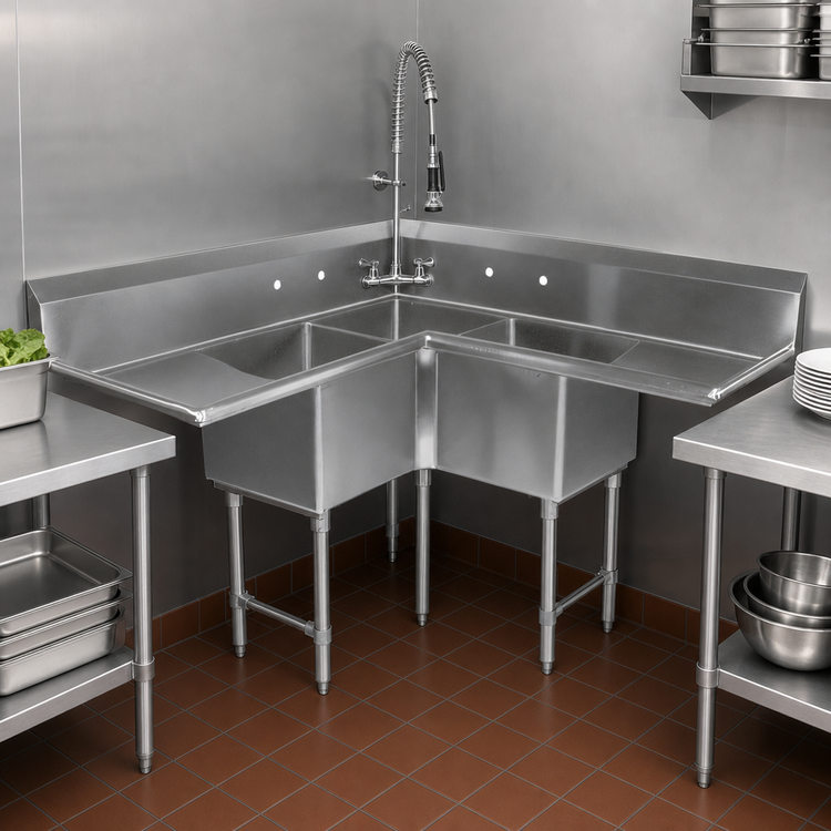 Product image #3 for Pro-Bowl 3-Compartment Corner Sink with Dual 24-Inch Drainboards, 16/300 Stainless Steel, 64-1/2 Inch Square