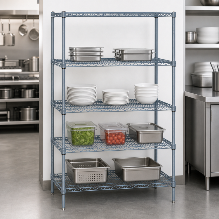 Product image #3 for Quantum Stationary Wire Shelving Starter Kit, 30 in. W x 14 in. D x 74 in. H, 5 Shelves, Gray Epoxy Antimicrobial Finish
