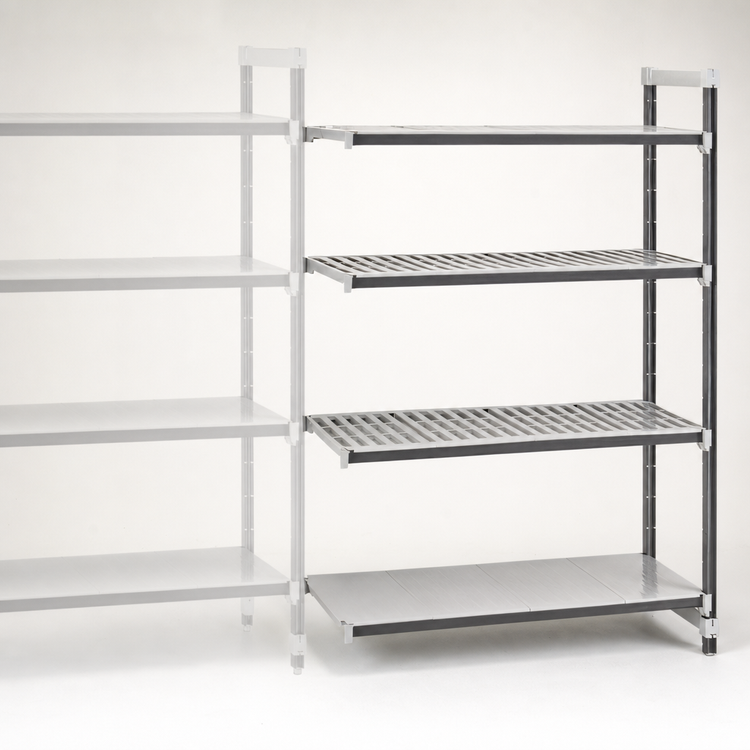 Product image #3 for Cambro Camshelving Elements XTRA 4-Tier Stationary Add-On Polymer Shelving Unit, 24 x 24 x 64 Inches, Vented and Solid, Speckled Gray
